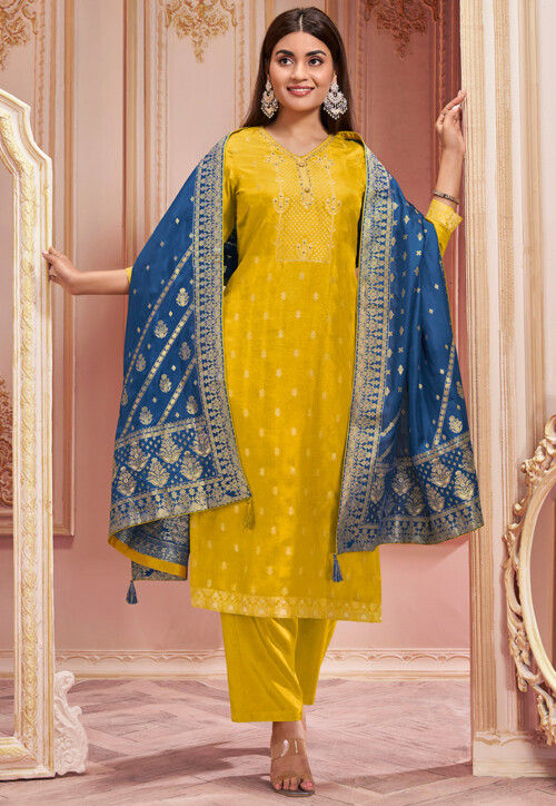Woven Art Silk Jacquard Pakistani Suit in Yellow