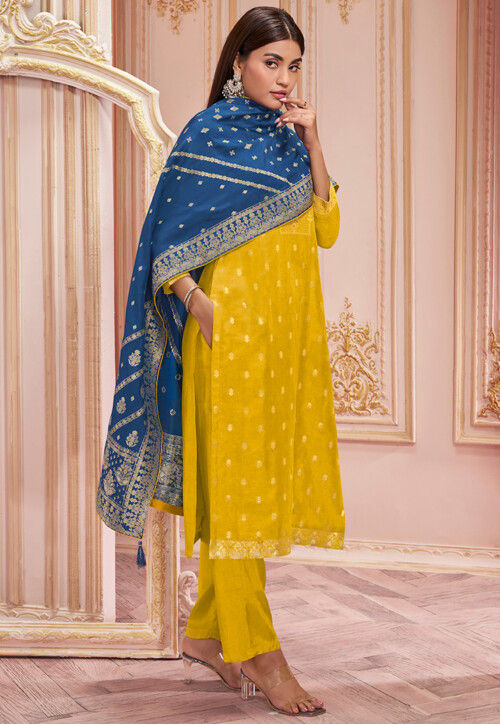 Woven Art Silk Jacquard Pakistani Suit in Yellow