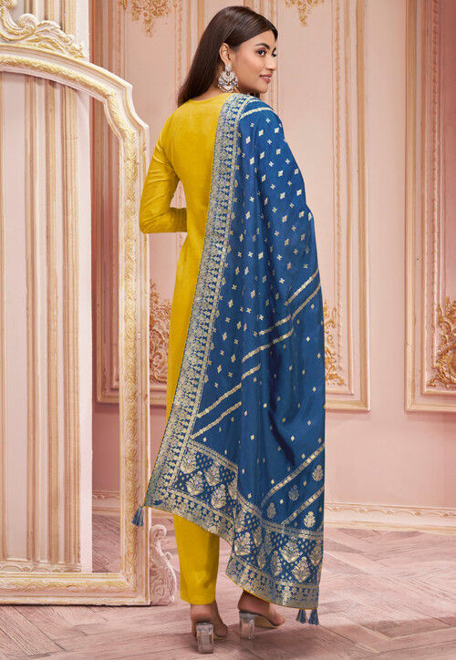 Woven Art Silk Jacquard Pakistani Suit in Yellow