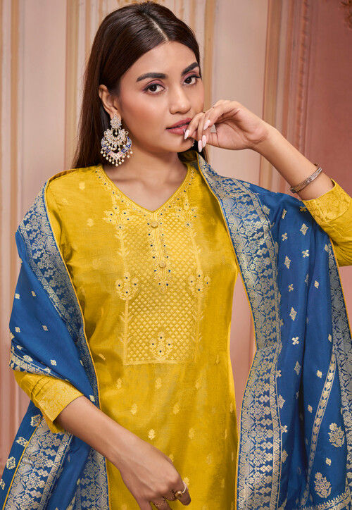 Woven Art Silk Jacquard Pakistani Suit in Yellow