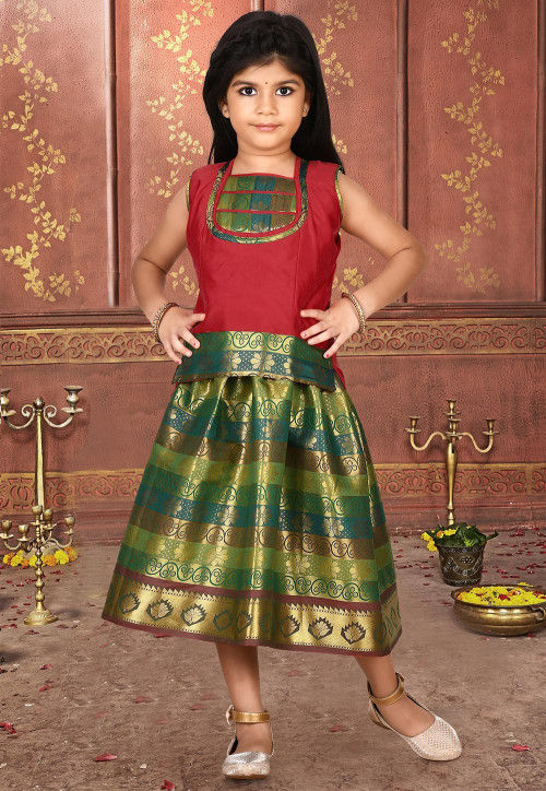 Woven Art Silk Jacquard Pavda Dress in Maroon and Green