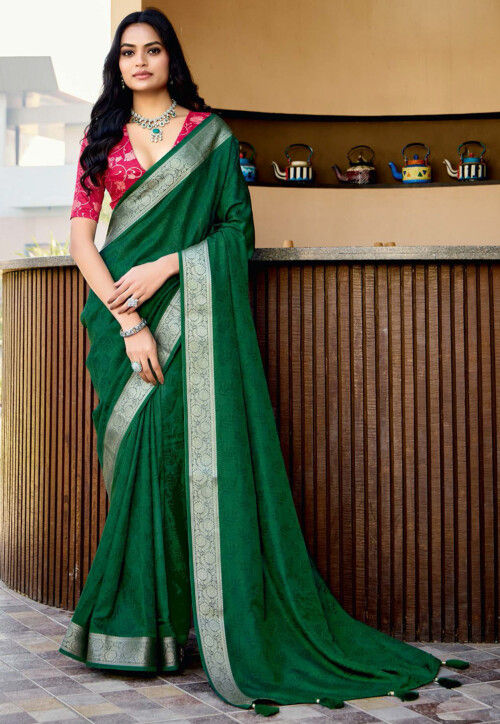 Woven Art Silk Jacquard Saree in Dark Green