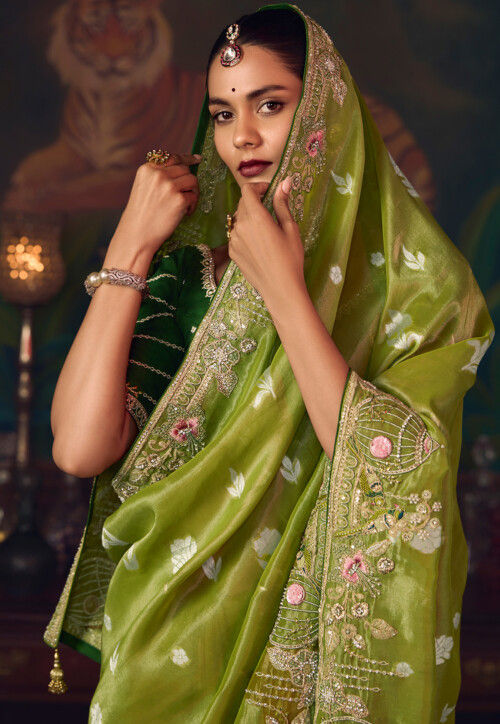 Woven Art Silk Jacquard Saree in Light Green