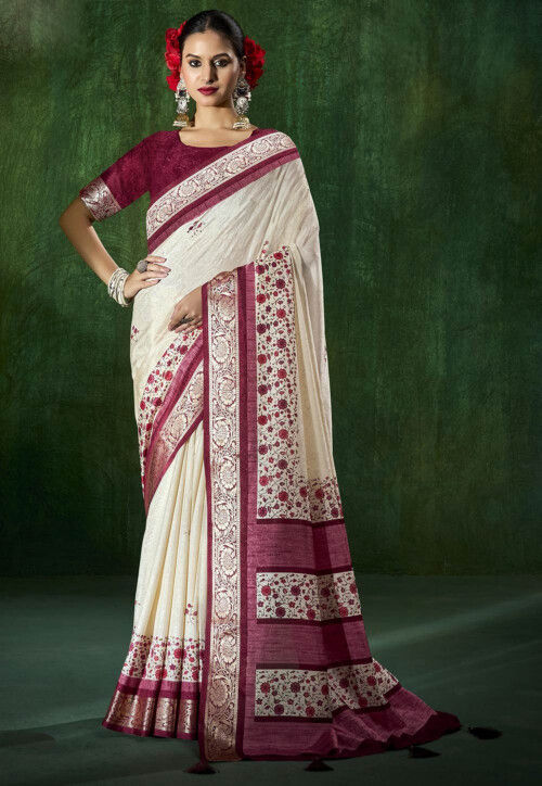 Woven Art Silk Jacquard Saree in Off White