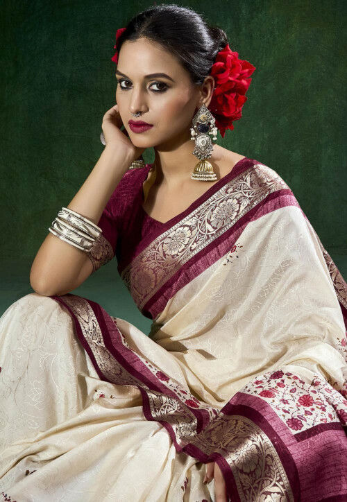 Woven Art Silk Jacquard Saree in Off White