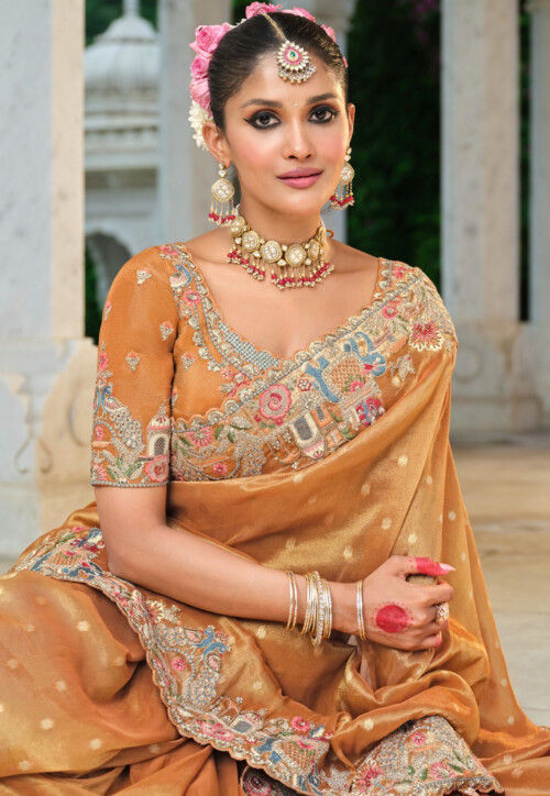 Woven Art Silk Jacquard Scalloped Saree in Mustard