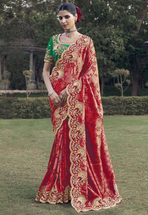 Woven Art Silk Jacquard Scalloped Saree in Red