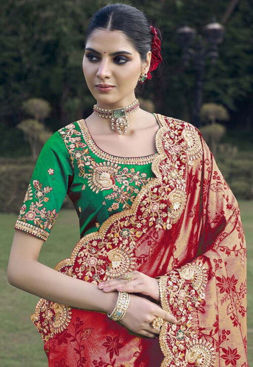Woven Art Silk Jacquard Scalloped Saree in Red
