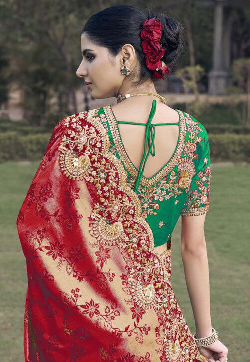 Woven Art Silk Jacquard Scalloped Saree in Red