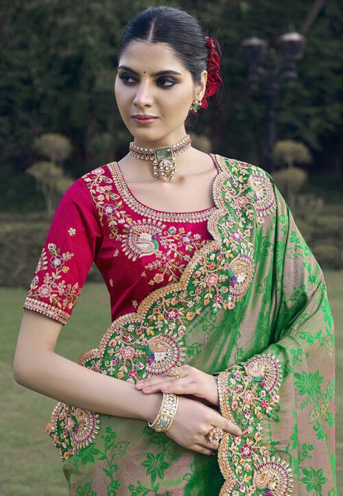 Woven Art Silk Jacquard Scalloped Saree in Teal Green