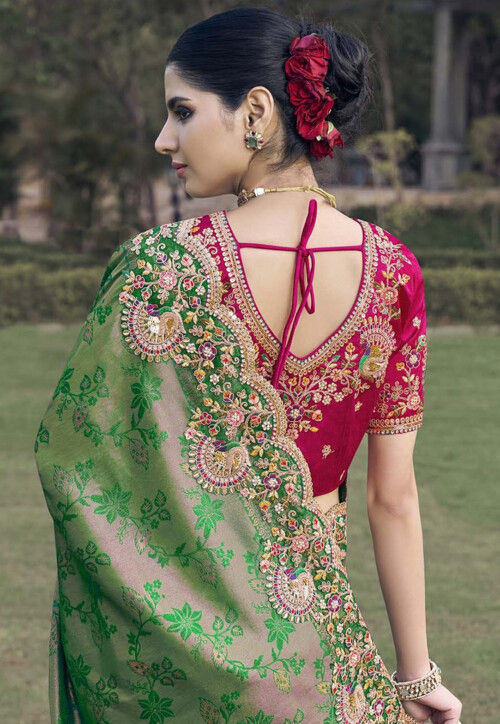 Woven Art Silk Jacquard Scalloped Saree in Teal Green