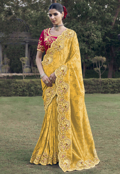 Woven Art Silk Jacquard Scalloped Saree in Yellow