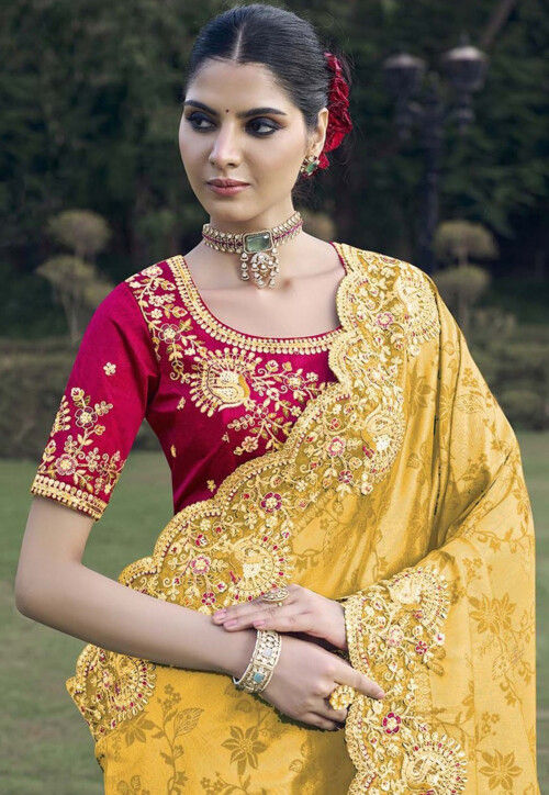 Woven Art Silk Jacquard Scalloped Saree in Yellow
