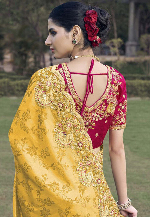 Woven Art Silk Jacquard Scalloped Saree in Yellow