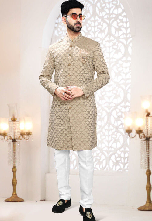 Woven Art Silk Jacquard Sherwani in Beige