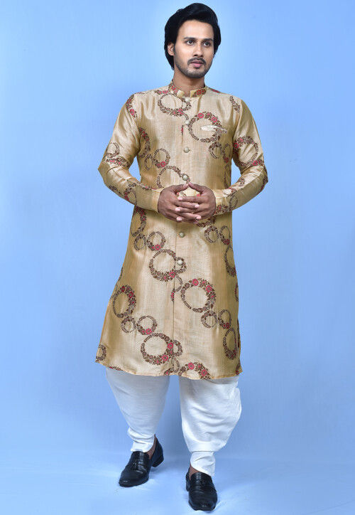 Woven Art Silk Jacquard Front Open Dhoti Kurta in Beige