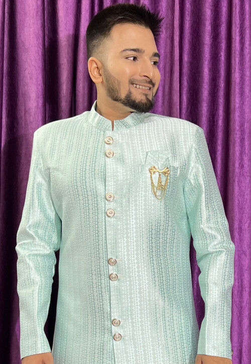 Woven Art Silk Jacquard Sherwani in Blue