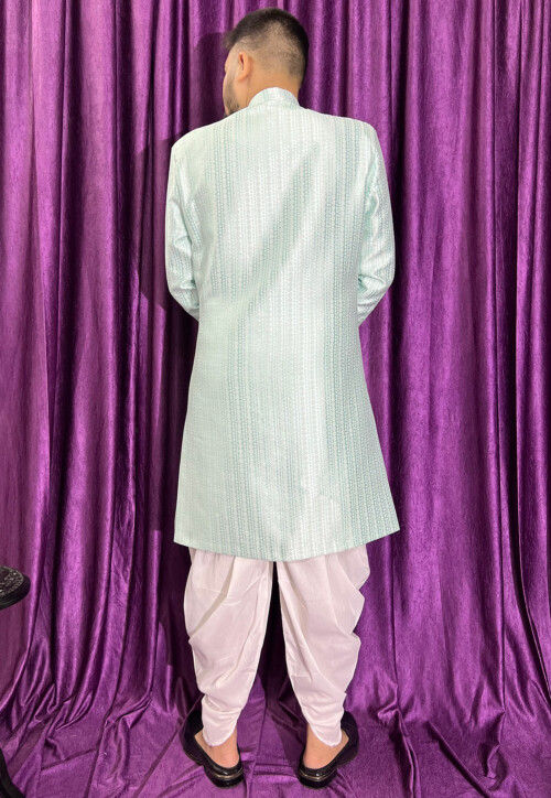 Woven Art Silk Jacquard Sherwani in Blue