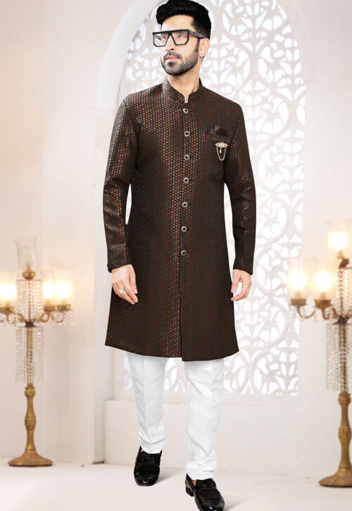 Woven Art Silk Jacquard Sherwani in Brown