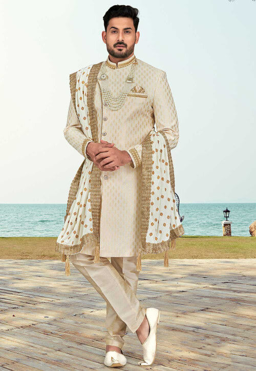 Woven Art Silk Jacquard Sherwani in Cream
