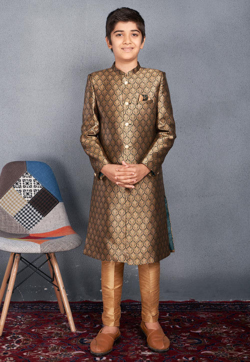 Woven Art Silk Jacquard Sherwani in Dark Green and Golden