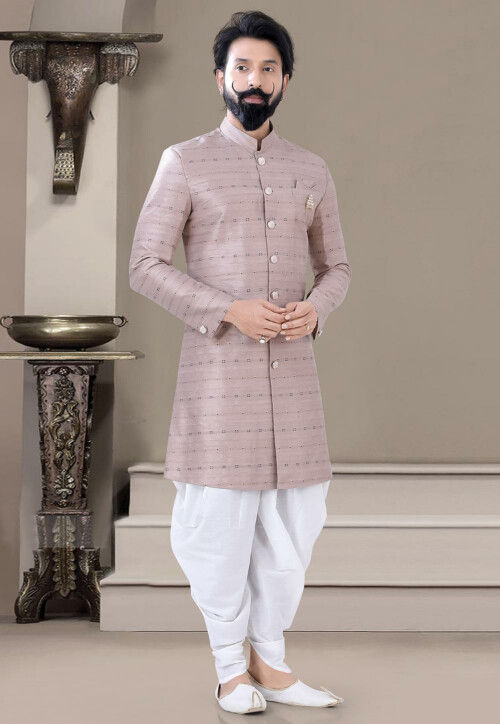 Woven Art Silk Jacquard Sherwani in Dusty Purple