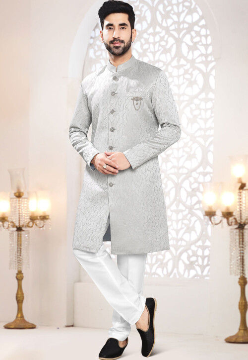Woven Art Silk Jacquard Sherwani in Grey