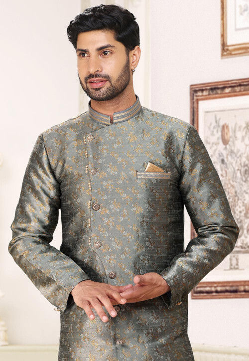 Buy Woven Art Silk Jacquard Sherwani in Grey Online : MLY1001 - Utsav ...