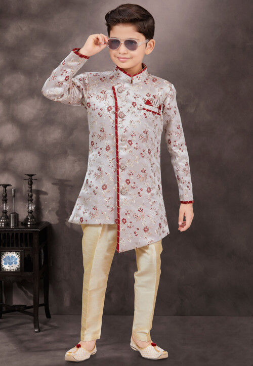 Woven Art Silk Jacquard Sherwani in Grey