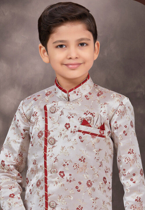 Woven Art Silk Jacquard Sherwani in Grey