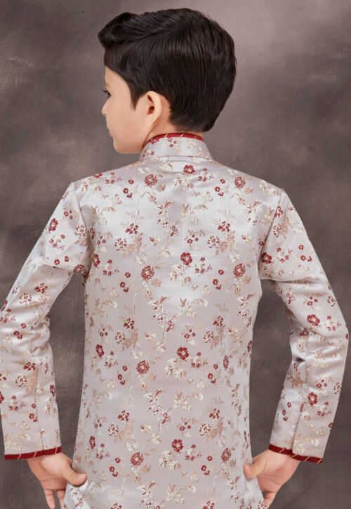 Woven Art Silk Jacquard Sherwani in Grey