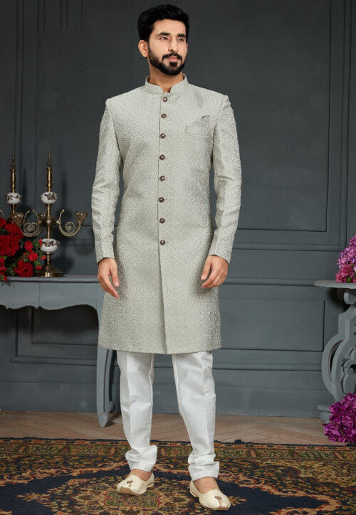 Buy Woven Art Silk Jacquard Sherwani in Light Grey Online MMQ1176 Utsav Fashion