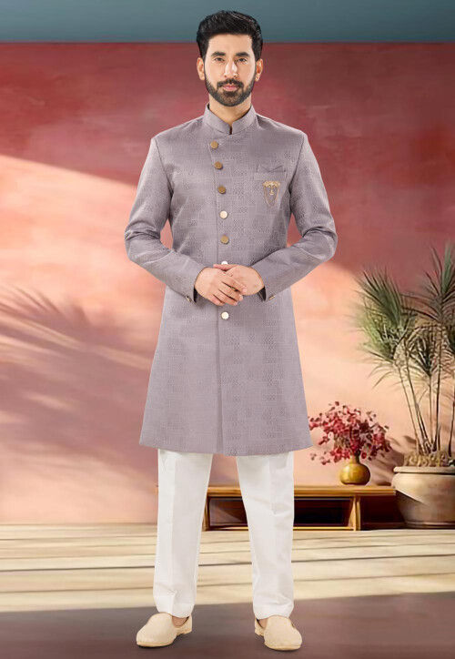 Woven Art Silk Jacquard Sherwani in Light Purple