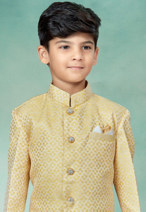 Woven Art Silk Jacquard Sherwani in Light Yellow