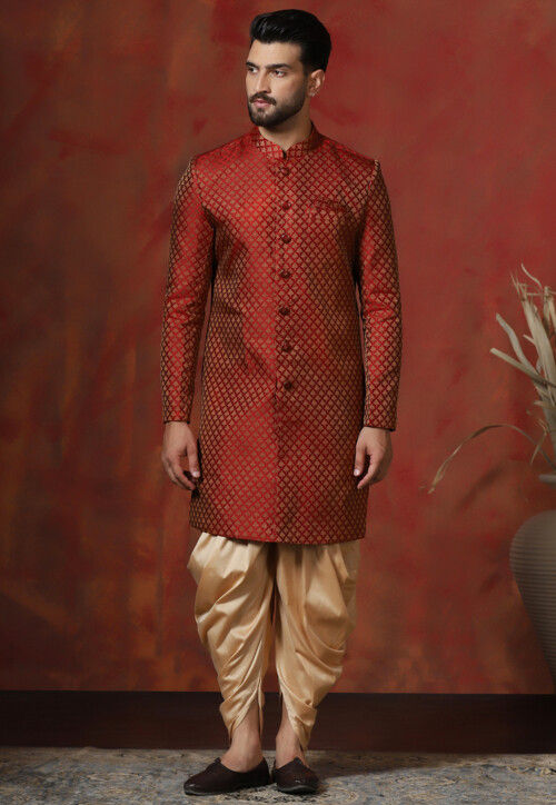 Woven Art Silk Jacquard Sherwani in Maroon