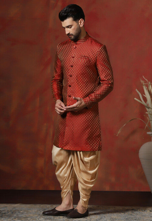 Woven Art Silk Jacquard Sherwani in Maroon