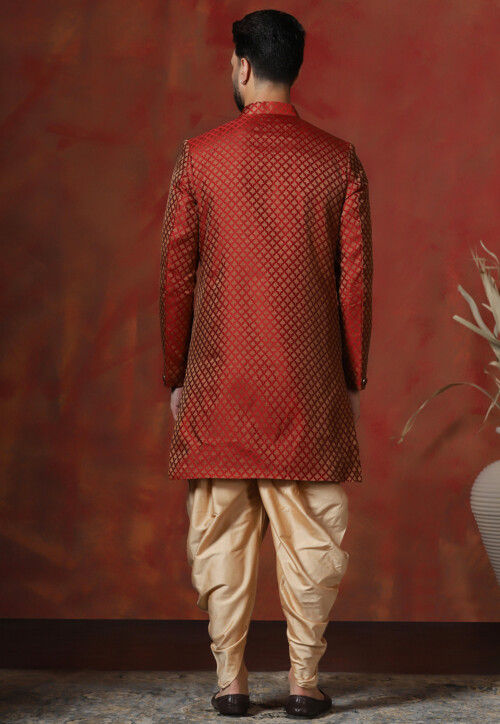 Woven Art Silk Jacquard Sherwani in Maroon