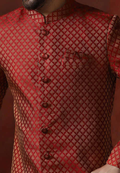 Woven Art Silk Jacquard Sherwani in Maroon