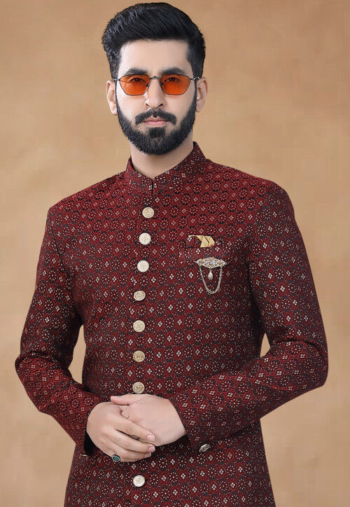 Jacquard Woven Embroidered Sherwani in Maroon Color - 3061 main image 0