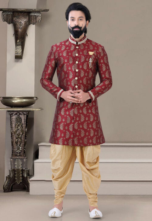 Woven Art Silk Jacquard Sherwani in Maroon