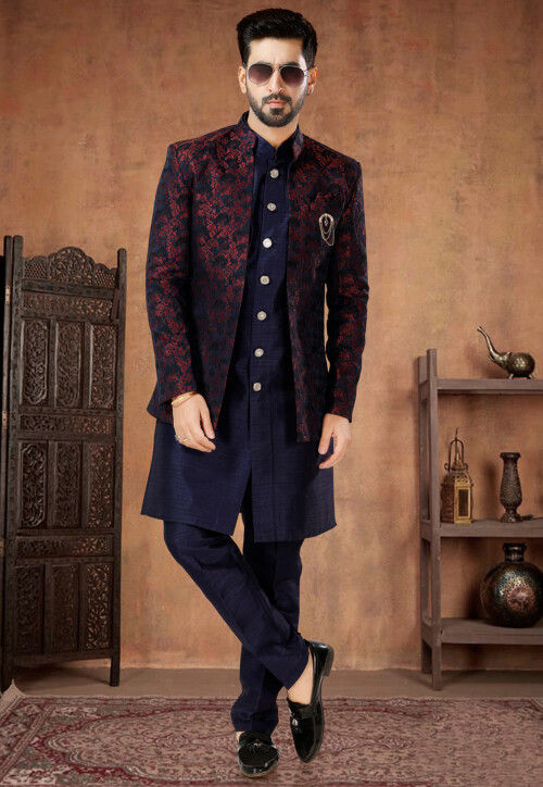 Woven Art Silk Jacquard Sherwani in Navy Blue and Maroon and Navy Blue