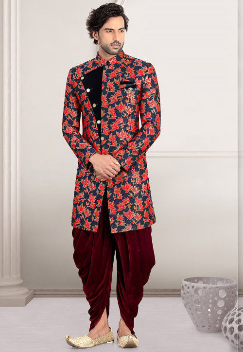 Woven Art Silk Jacquard Sherwani in Navy Blue and Red