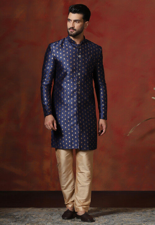 Woven Art Silk Jacquard Sherwani in Navy Blue