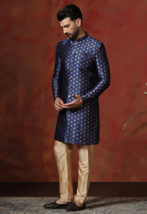 Woven Art Silk Jacquard Sherwani in Navy Blue