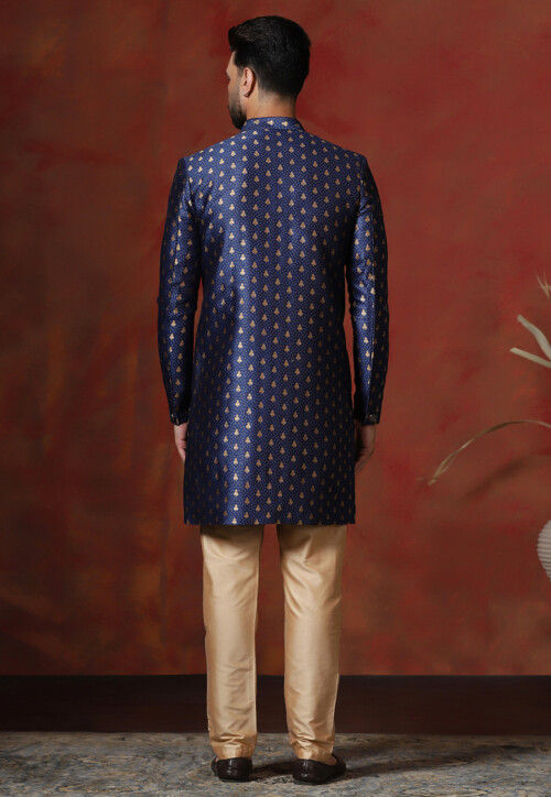 Woven Art Silk Jacquard Sherwani in Navy Blue