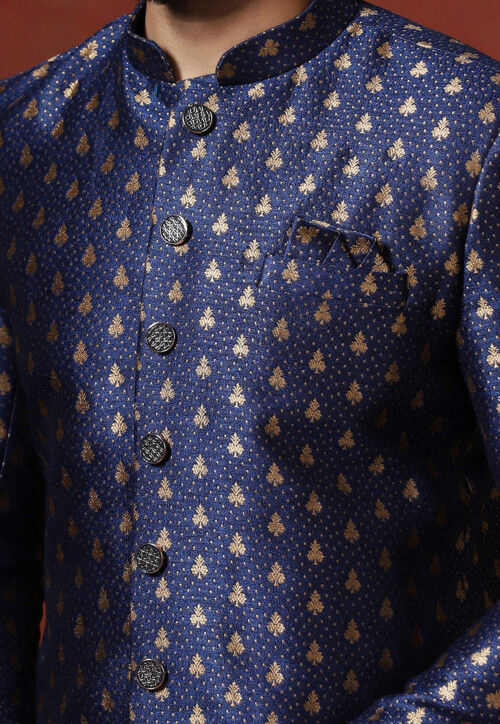 Woven Art Silk Jacquard Sherwani in Navy Blue