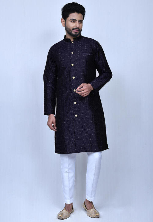 Woven Art Silk Jacquard Sherwani in Navy Blue