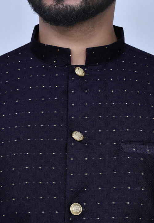 Woven Art Silk Jacquard Sherwani in Navy Blue
