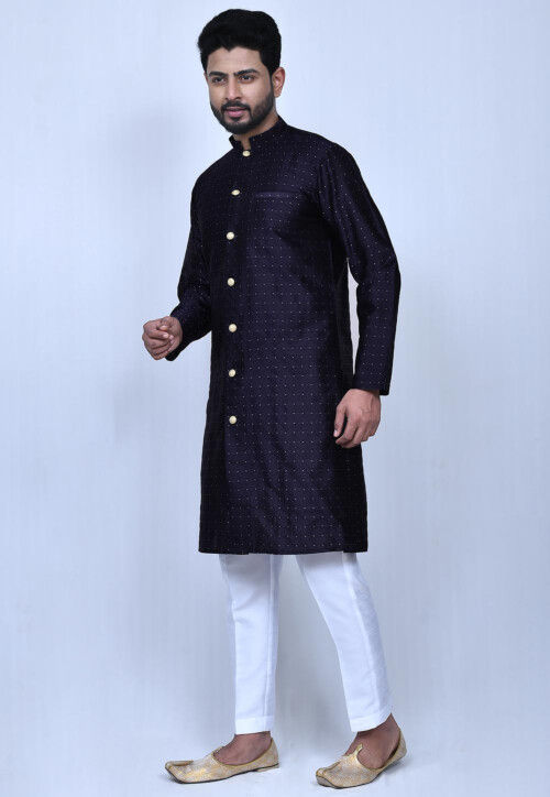 Woven Art Silk Jacquard Sherwani in Navy Blue