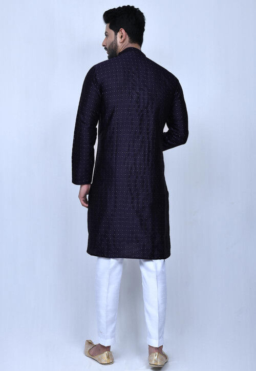 Woven Art Silk Jacquard Sherwani in Navy Blue